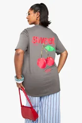 Womens Plus Sweet Cherry Oversized T-Shirt - Charcoal - Size 16 Uk