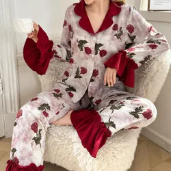 Conjunto de ropa de dormir para mujer con estampado floral, cuello con volantes y bloque de color, para la temporada de vacaciones, otoño e invierno