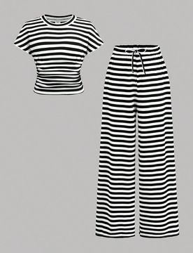 Conjunto de top de manga corta con pliegues y pantalones a juego con estampado de rayas jacquard para niñas preadolescentes, conjunto casual y elegan