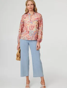 Abstract Long Sleeve Relaxed Blouse - Pink - Size: 8 - Izabel London - FashionsVida