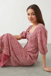 Women's Petite Red Ditsy Floral Button Through Midi Dress Size: 14 - Red - Size: 14