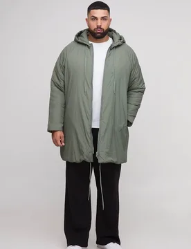 Herren Plus Regular Fit Longline Kapuzen-Parka mit Reißverschluss und Wattierung Khaki Größe 4XL - boohooMAN - FashionsVida