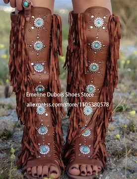 Tassel Gem Flat Heel Knee High Boots Open Toe Sexy Metal Ornament Western Cowboy Retro Long Casual Boots Catwalk Stage Boots - Aliexpress - FashionsVida