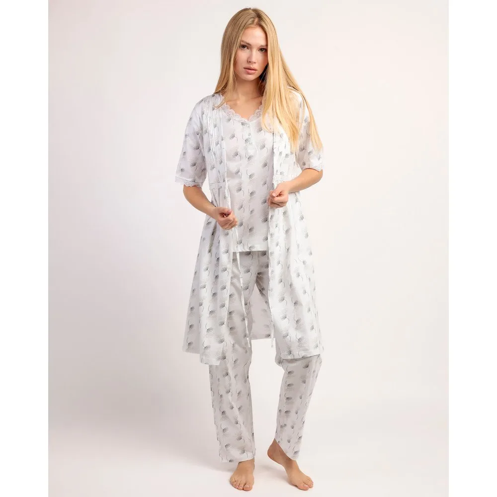 Bata de manga corta de mujer de punto de algodón con detalles de puntilla lencera - Admas - FashionsVida