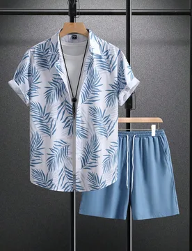 Camisa de manga corta con botones y estampado de plantas hawaianas, y pantalones cortos de unicolor con bolsillos, conjunto de ropa casual de verano, - Shein - FashionsVida