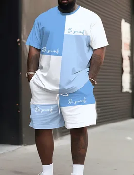 Talla grande para hombre] Conjunto de camiseta de manga corta y pantalones cortos con eslogan "Sé tú mismo" en contraste azul claro y blanco, corte - Shein - FashionsVida