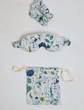 Ella Eye Mask Scrunchie Pressed Floral Print Set In Blue - One Size - Lily and Lionel London Limited - FashionsVida