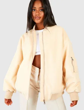 Womens Oversized Wool Look Bomber Jacket - Cream - Size 14 Uk - Boohoo - FashionsVida