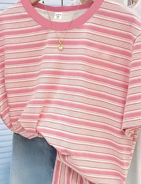 Camiseta de manga corta de cuello redondo con rayas de colores de moda casual para niñas, estilo cómodo de verano/otoño adecuado para uso diario, t - Shein - FashionsVida