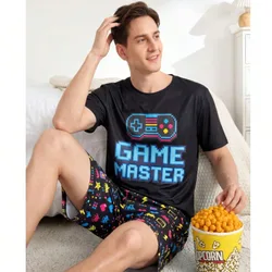 Conjunto de pijama para hombre con estampado gráfico de letras GAME MASTER & Game Controller, camiseta de manga corta + pantalones cortos