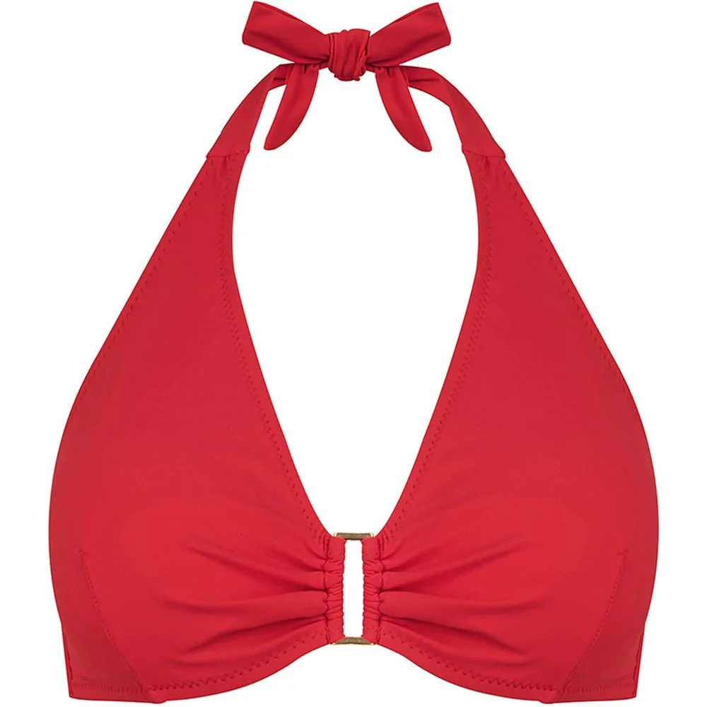 Top de bikini triángulo atado al cuello y estampado liso en color - Dolores Cortés - FashionsVida