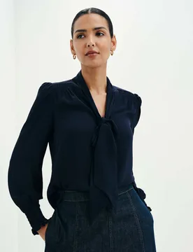 Tie Neck Button Through Blouson Sleeve Blouse Navy female - Finery London - FashionsVida