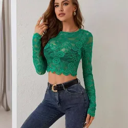 New Sexy Single Layer Lace Trim Long Sleeve Short Pullover Slim FitTShirt Top