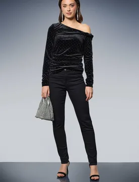 Women's Diamante Velvet Bardot Long Sleeve Top in Black Size: 12 - Black - Size: 12 - Dorothy perkins - FashionsVida