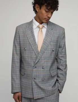 Men's Checked Relaxed Fit Double Breasted Blazer Grey Size 38 Grey 38 - boohooMAN - FashionsVida