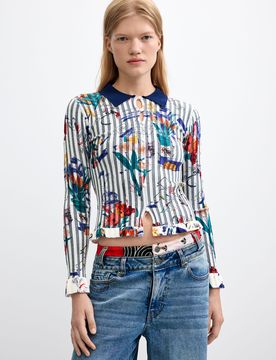 Pull fleuri col chemise, , Blanc, XS