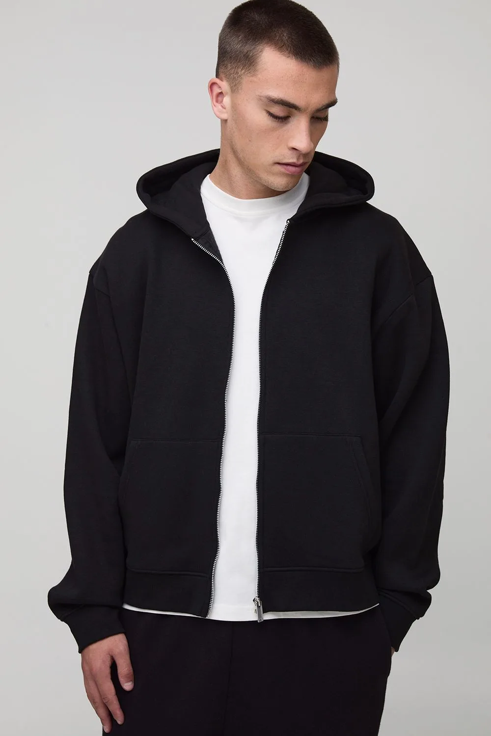 Mens Basic Oversized Boxy Zip Through Hoodie - Black Cotton - Size Large - boohooMAN - FashionsVida