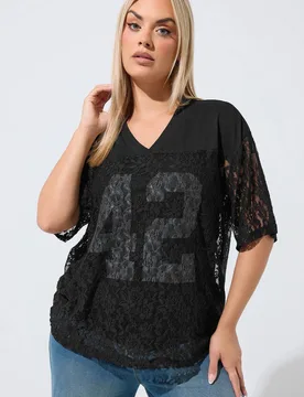 Women's Lace V-Neck T-Shirt in Black Size: 14 - Black - Size: 14 - Yours - FashionsVida