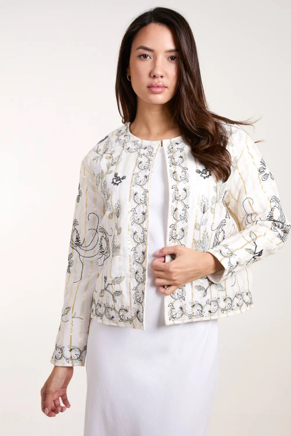 Women's Embroidered Quilted Jacket in Ivory Size: Medium - Ivory - Size: M - Blue Vanilla - FashionsVida