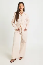 Womens Cotton Poplin Stripe Wide Leg Trousers - Nude - Size 12 Uk