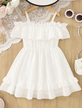 Vestido de verano para niñas blanco con hombros descubiertos, estilo A con volantes, para playa y juego, para edades de 2 a 7 años - Shein - FashionsVida