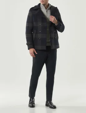 Caban doppiopetto blu e grigio in tessuto check di misto lana - My Stuff - FashionsVida