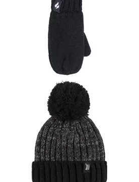 Kids 1 Pack SOCKSHOP Turn Over Pom Pom Hat & Mittens Black 3-6 Years - Black - Size: 3-6 Years - Heat Holders - FashionsVida