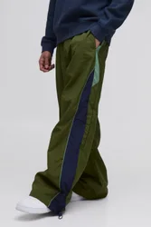 Mens Elasticated Waist Parachute Side Stripe Pants - Khaki - Size X-Large