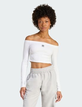T-shirt a maniche lunghe a costine Essentials Rib Off Shoulder L White