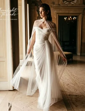 White strapless sleeveless floor-length mermaid formal wedding gown with a sheer tulle floor-length cape - Aliexpress - FashionsVida