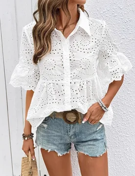 Summer T-shirt Women's Top With A Lapel, Hollowed Out Embroidered Short Sleeved Shirt, French Casual Personalized Top - Aliexpress - FashionsVida