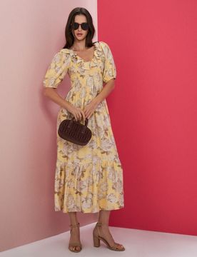 Abito midi con maniche a sbuffo e arricciature - multicolor