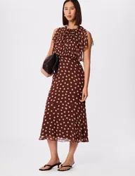 Polka Dot Crew Neck Midi Waisted Dress Brown Mix female