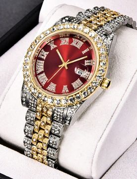 Pieza Reloj de acero con esfera de números romanos y diamantes completos, cuarzo, para hombres de negocios de moda, adecuado para uso diario, regalo