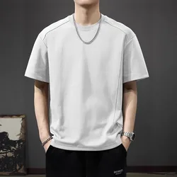 Retro Splicing Short-sleeved T-shirt Men's Summer Thin Cotton Breathable Loose Round Neck Solid Color Top