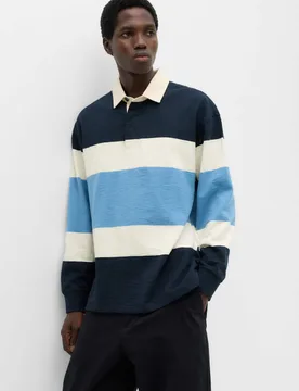 Pure Cotton Colour Block Rugby Shirt Navy Mix male - M&S - FashionsVida