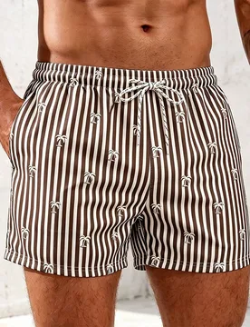 Pantalones cortos de playa para hombre con estampado de árbol de coco a rayas verticales amarillas & blancas, cintura elástica con cordón, ajuste h - Shein - FashionsVida