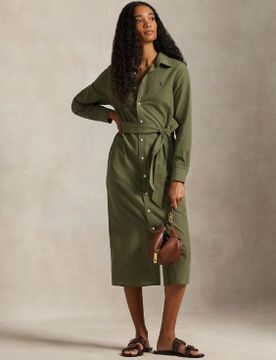 Para mujer. 211A96346001 Vestido camisero de algodón y lino (34), Casual, Manga larga