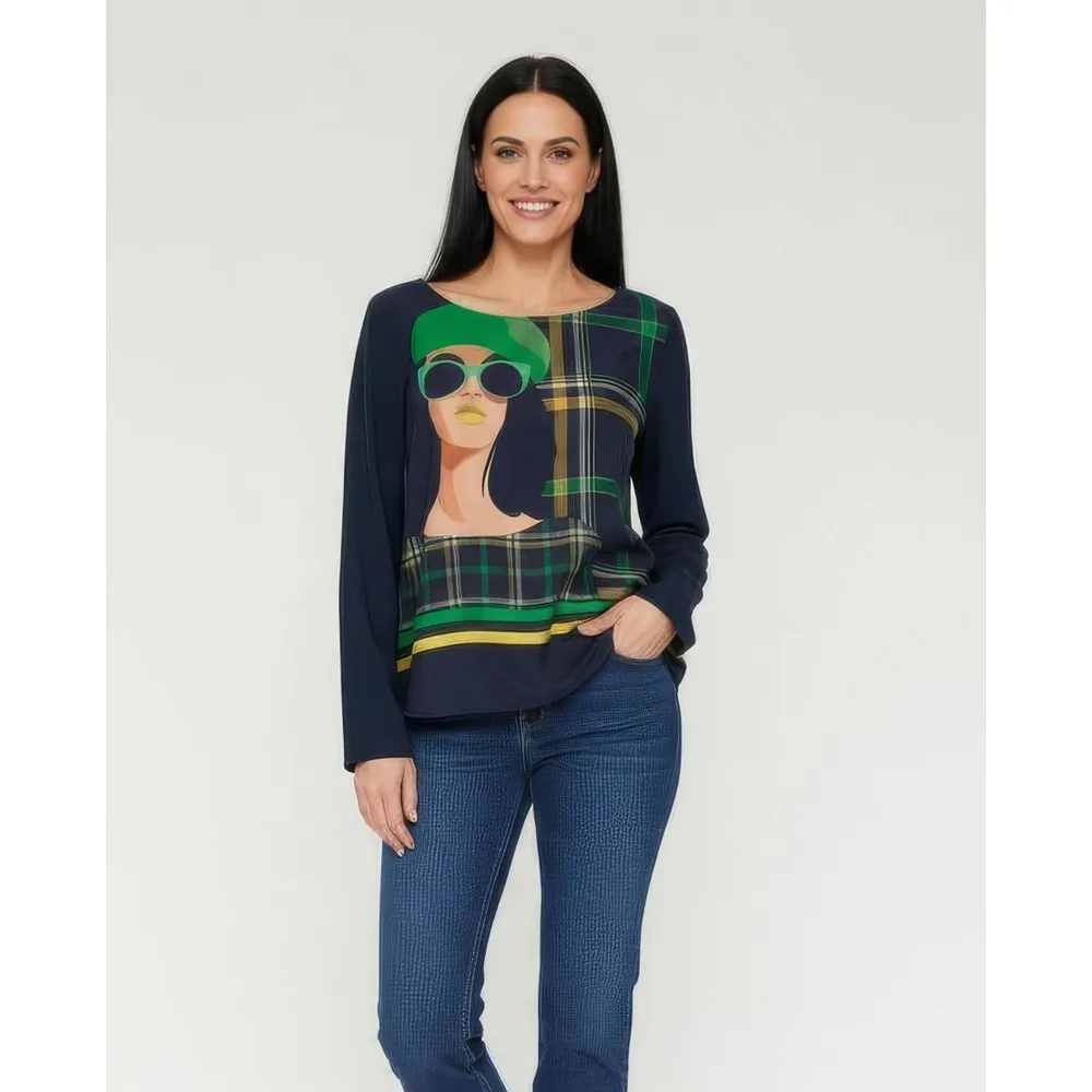 Camiseta de mujer bimateria estampado chica con cuadros - October - FashionsVida