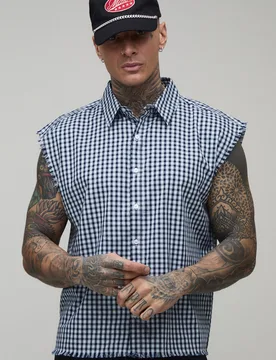 Mens Tall Oversized Boxy Sleeveless Raw Seams Check Flannel Shirt - Grey Cotton - Size Small - boohooMAN - FashionsVida