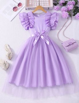 Vestido casual de verano con cuello redondo de malla acanalada, con volantes y cinturón para niña preadolescente
