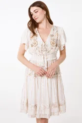 Embellished Tiered Mini Dress - S/M / BEIGE - female