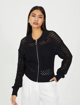 Crochet Knit Zip Through Cardigan Sweater - Black - Size: XS - Brave soul - FashionsVida