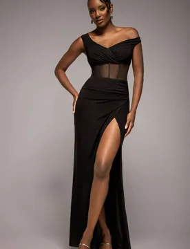 Women's Off The Shoulder Corset Waist Mesh Wrap Skirt Soft Touch Maxi Dress in Black Size: 10 - Black - Size: 10 - Goddiva - FashionsVida
