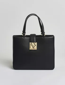 Shopping Bag media Exchange quadrata nera con logo dorato e tracolla - Armani - FashionsVida