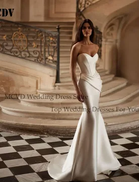MCDV Mermaid Wedding Dresses 2026 Luxury Pleat Sweetheart Satin Bridal Gowns Lace Up Sweep Train vestidos de noiva Customized - Aliexpress - FashionsVida