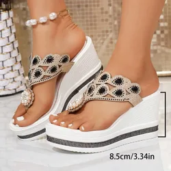 Sandalias de plataforma y cuña de moda para mujer, con decoración de perlas y rhinestones, tipo chanclas con diseño floral, estilo casual para prim