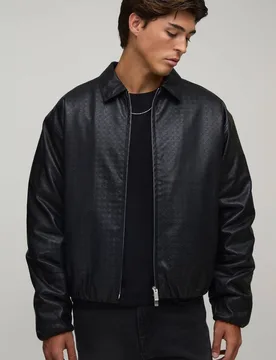 Herren Kastige Harrington-Jacke Aus Strukturiertem PU-Material Black Größe 2XL - boohooMAN - FashionsVida