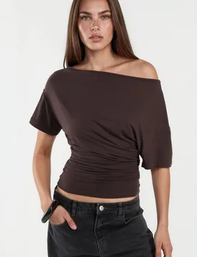 Womens Asymmetrical Neck Soft Viscose Knit Top - Mocha - Size Small - Hiccup - FashionsVida