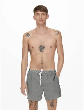 Cotton Blend Seersucker Striped Swim Shorts Dark Green Mix male - ONLY & SONS - FashionsVida
